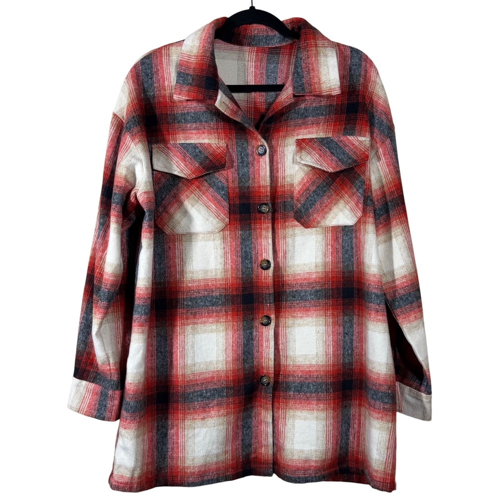 Red Plaid Oversized Shacket Women XL Flannel Shirt Jacket Gorpcore Cabinwear